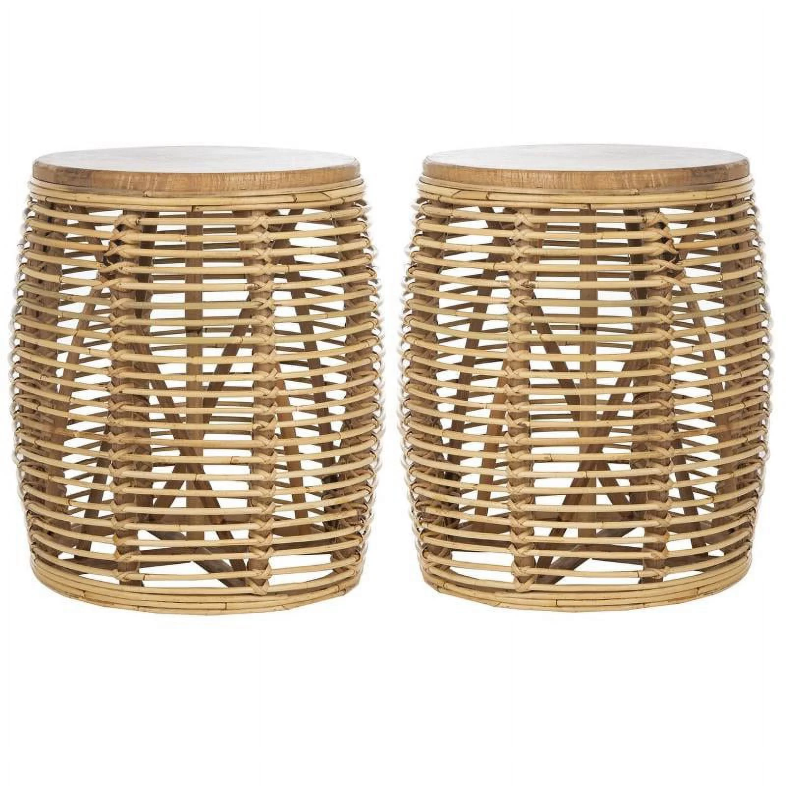 Home Square 18" Round Rattan Accent End Table in Natural - Set of 2