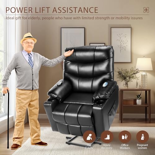 Himimi PU Leather Electric Power Lift Chair Recliners Massage with Heat and Massage, Adjustable Back Leg, USB Ports, Cupholders