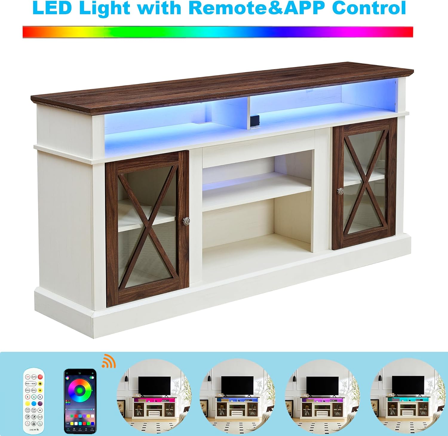 Farmhouse TV Stand with Outlet & LED Lights for TVs Up to 70", Tall Entertainment Center w/Glass Barn Door