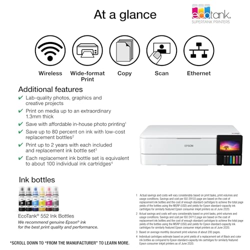 Epson EcoTank Photo ET-8550 Wireless Wide-Format All-in-One Supertank Printer with Scanner, Copier, Ethernet and 4.3-inch Color Touchscreen, Large
