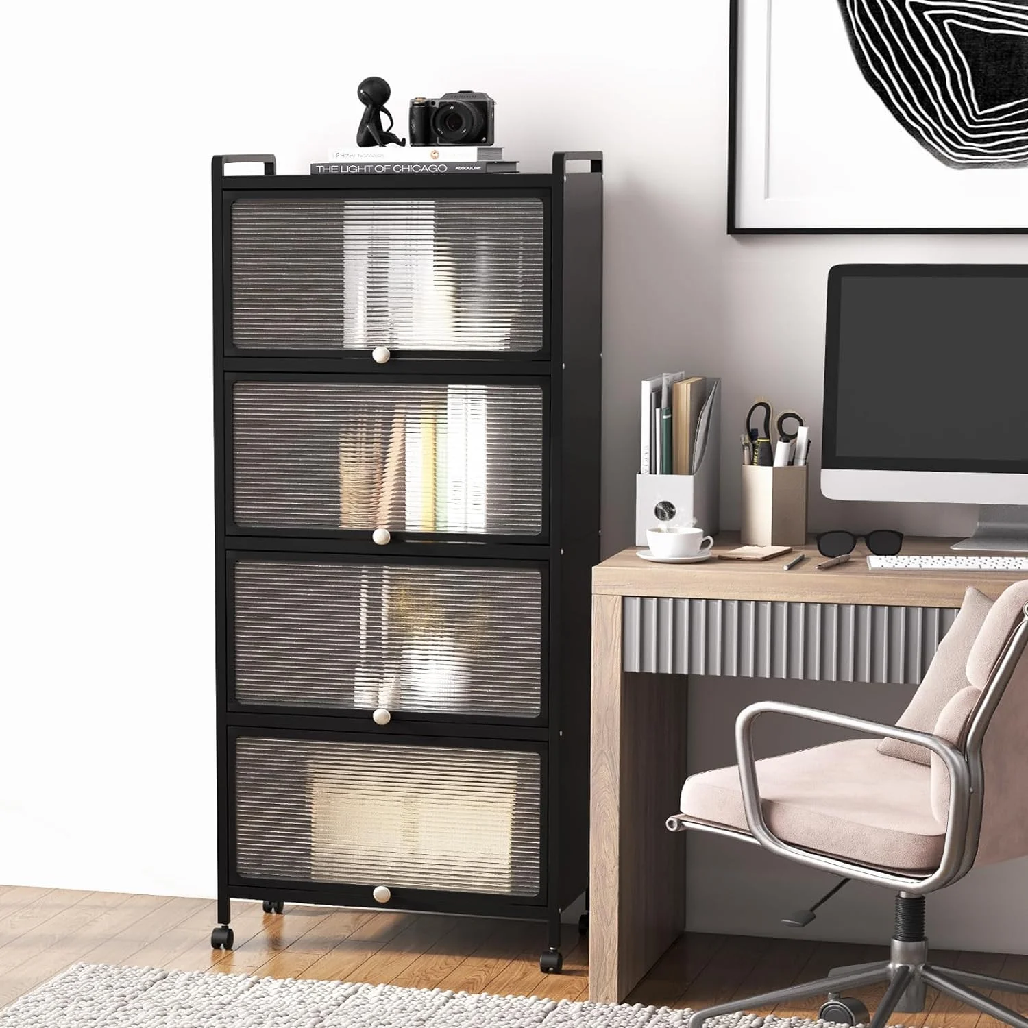 TJUNBOLIFE 5-Tier Kitchen  Cabinet  Freestanding Baker\u2019s Rack with 4 Rolling Casters  Mobile Microwave Stand with Double Anti-toppling Device