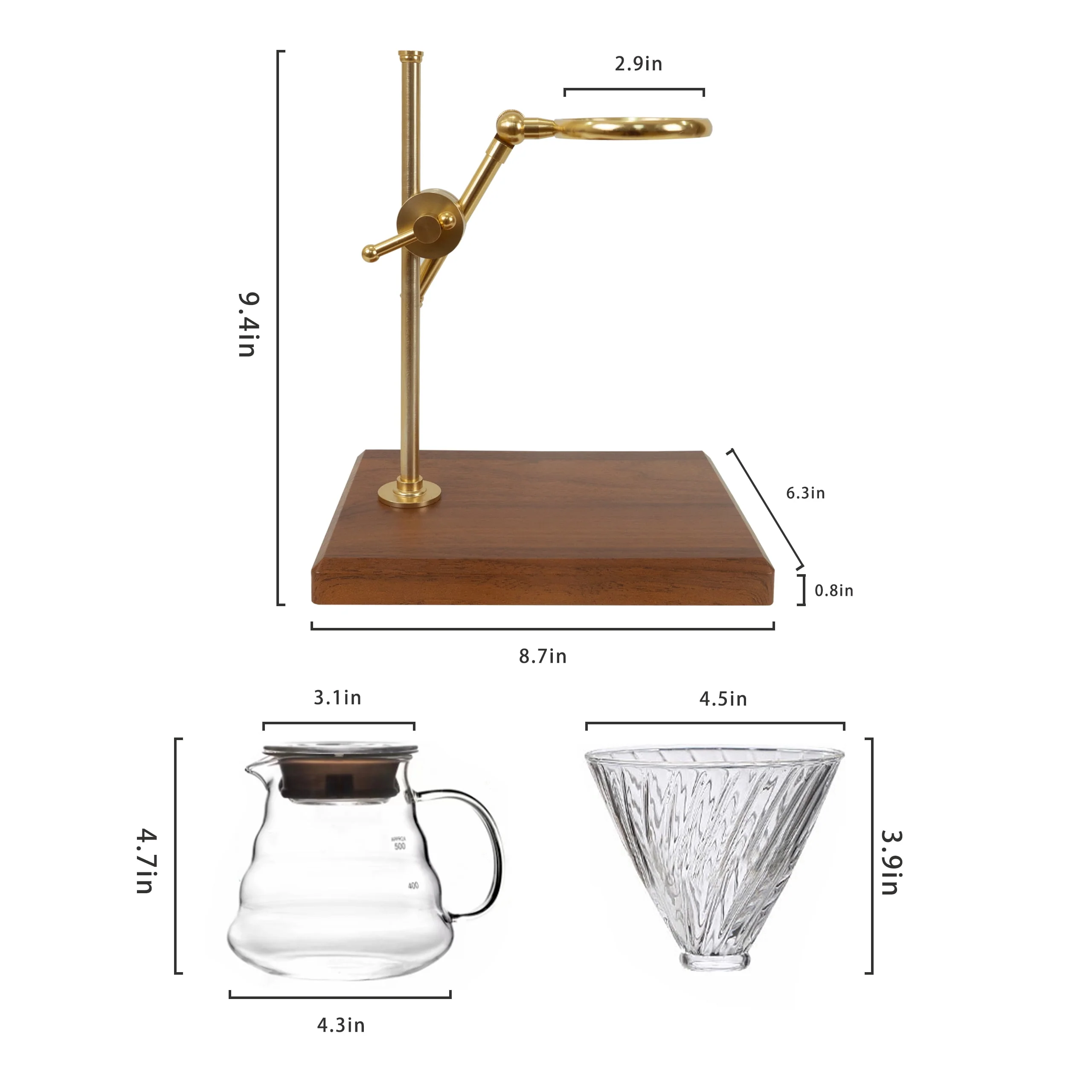 L'ÉPICÉA Pour over Coffee Maker Set,Stainless Steel Stand, Wooden Base, Glass Coffee Dripper