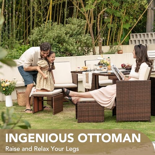Devoko 9 Pieces Patio Dining Sets Outdoor Space Saving Rattan Chairs with Glass Table Patio Furniture Sets Cushioned Seating and Back Sectional