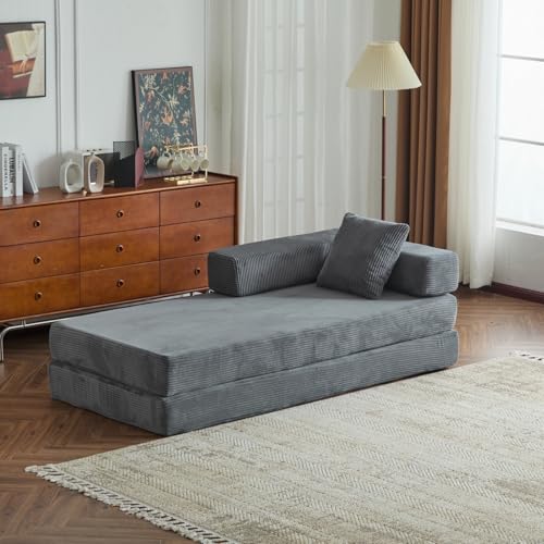 Compression Floor Sofa Bed, Convertible Foldable Sofa with Support Backrest and Armrest, Corduroy Fabric Modular Sectional Couch with 2 Pillows