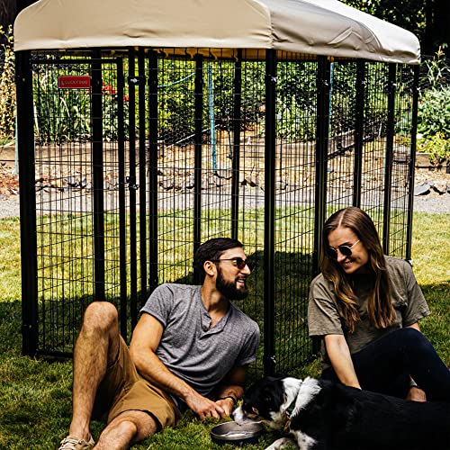 Stay Series 4 by 4 by 4.3 Feet Studio Jr. Black Powder Coat Steel Frame Outdoor Dog Kennel with Waterproof Canopy Roof and Gate Door, Khaki