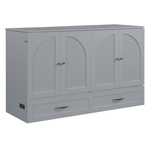 Harper & Bright Designs Queen Size Murphy Bed Cabinet Wall Bed Chest with USB, Charging Station and Large Storage Drawer for Home Office (White)