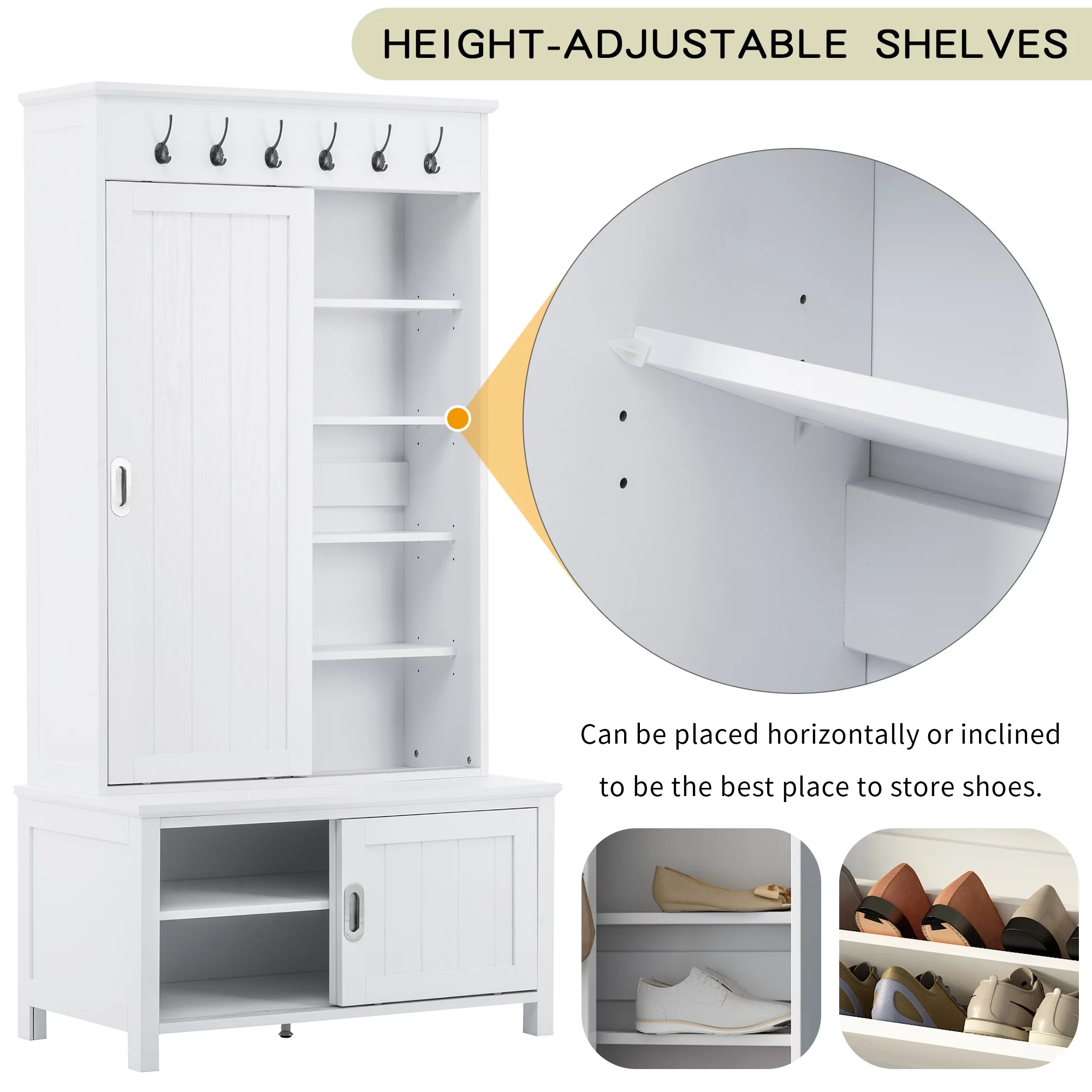 CoSoTower Multifunctional Hall Tree with Sliding Doors, Wooden Hallway Shoe Cabinet with Storage Bench and Shelves