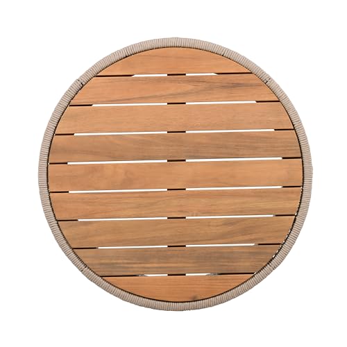 Outdoor Rattan Coffee Table with Solid Acacia Wood Tabletop, Patio Round Coffee Table Side Table (Grey)