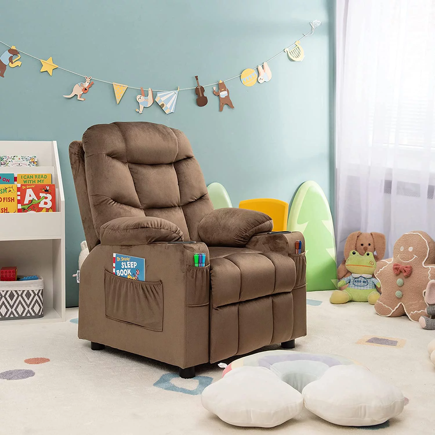 Kids Recliner Chair with Cup Holder  Adjustable Velvet Lounge Chair w/Footrest