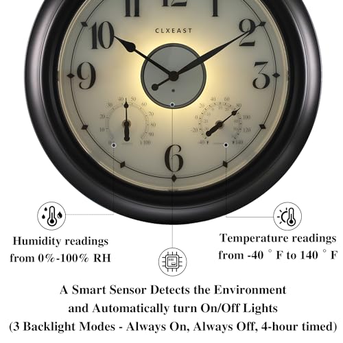 Illuminated Outdoor Clocks Waterproof 18 inch with Smart Sensor,Large Outdoor Clock with Thermometer & Hygrometer for Garden Patio Pool