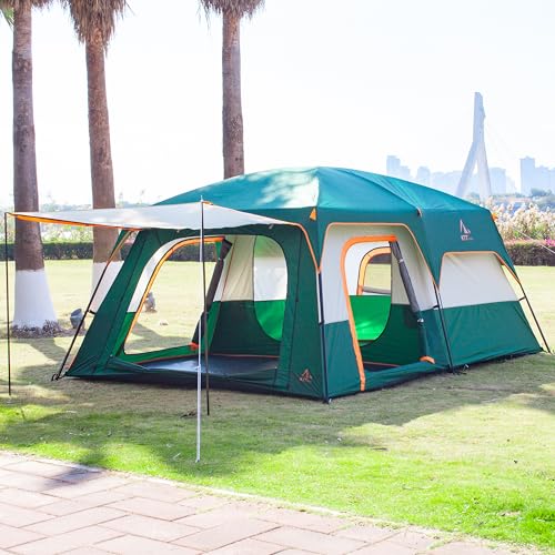KTT Extra Large Tent 10-12-14 Person(B),Family Cabin Tents,2 Rooms,3 Doors and 3 Windows with Mesh,Straight Wall,Waterproof,Double Layer