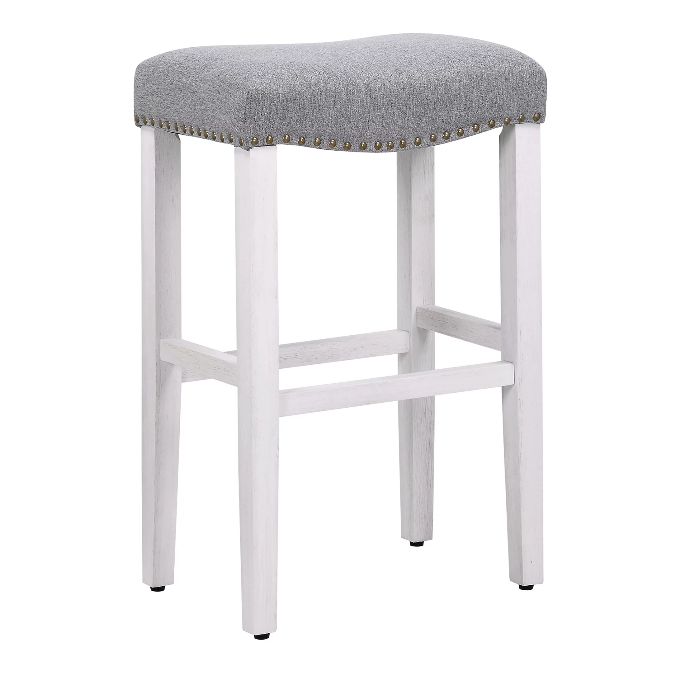 WestinTrends Barstools Bar Height Set of 2, 29" Farmhouse Kitchen White Wooden Saddle Stool Chair, Linen Upholstered Cushion with Solid Wood Leg, Gray