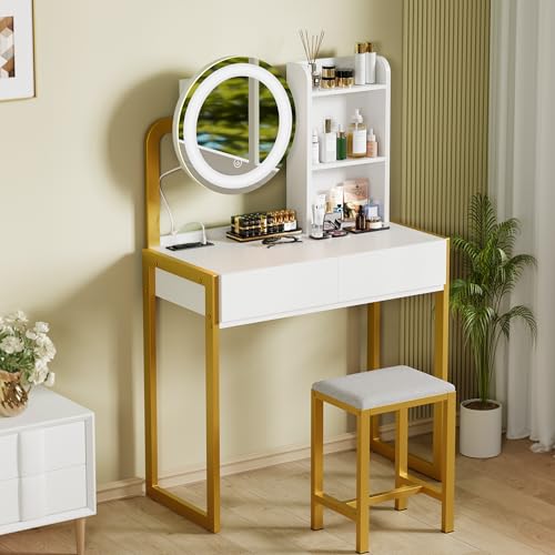 Vanity Desk with Mirror and Lights, Makeup Vanity with Power Outlet & 3 Lighting Modes, White Vanity with Chair & Drawers