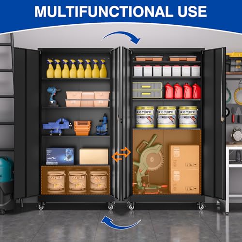 Metal Garage Storage Cabinet with Wheels,Metal Storage Cabinet with Adjustable Shelves,Steel Tool Cabinets with Locking Door for Home, School, Office