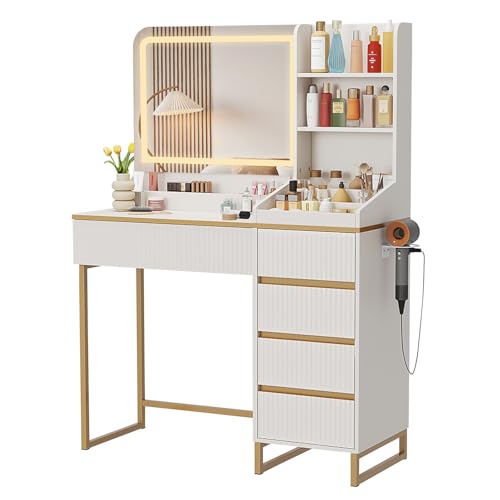 Vabches Makeup Vanity with Mirror and Lights, White and Gold Vanity Desk with 5 Drawers and Charging Station, Vanity Table for Bedroom