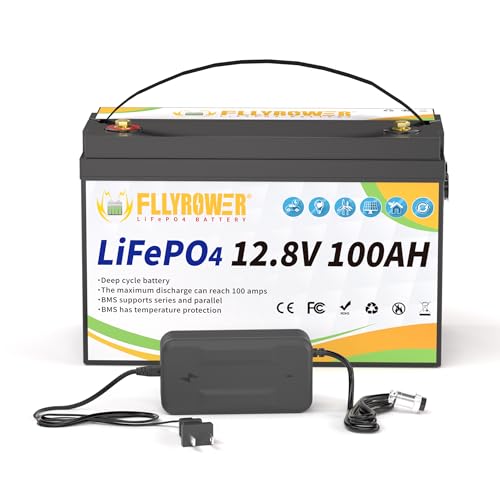 FLLYROWER 12V Lithium Battery 100AH With BMS and 16500 Deep Cycles 12V 100AH Lifepo4 Battery Grade A Cells for Marine Trolling Motor RV camping Solar