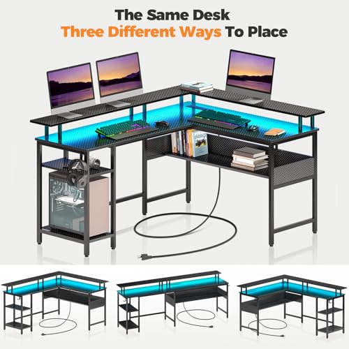 Rolanstar Computer Desk 56.7" with LED Lights and Power Outlets, Carbon Fiber Surface, Reversible L Shaped Gaming Desk with Monitor Stand