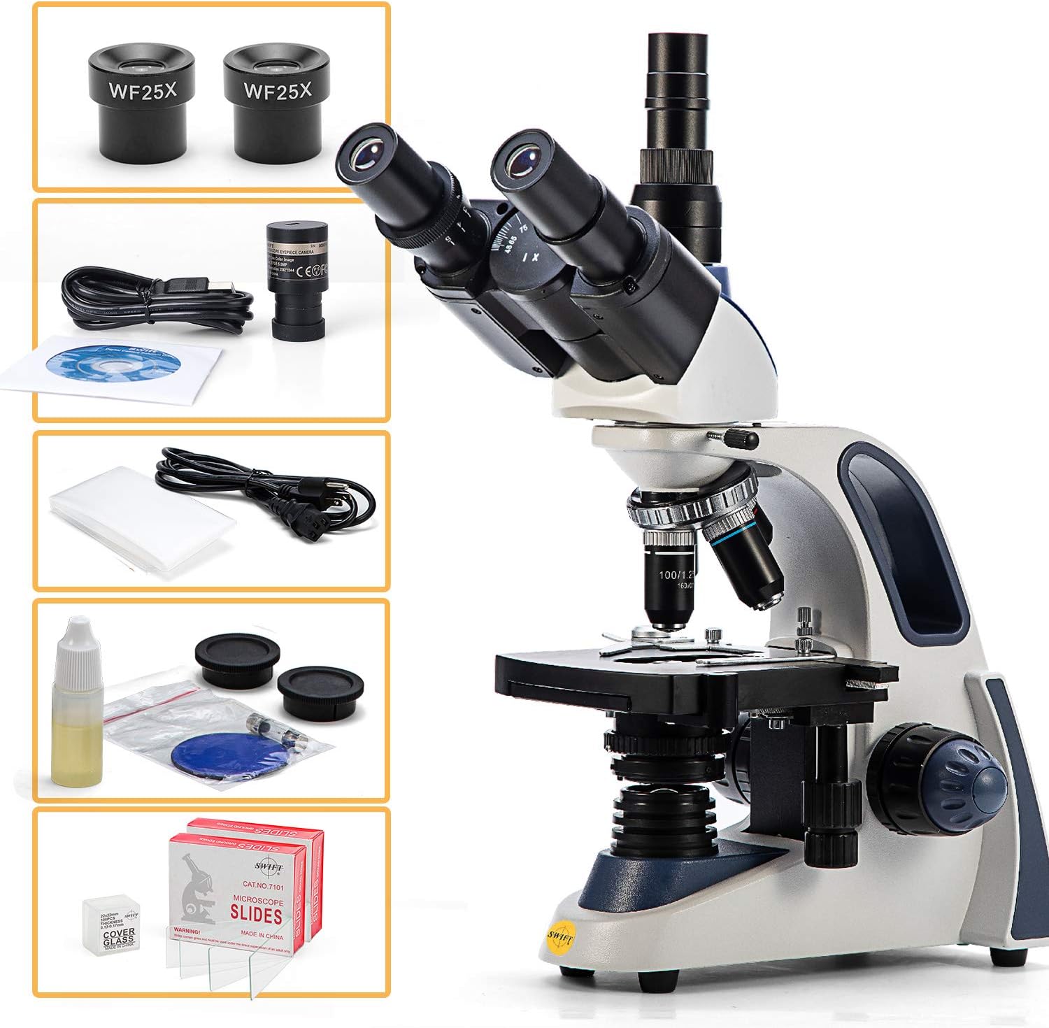Swift Compound Trinocular Microscope SW380T,40X-2500X Magnification,Siedentopf Head,Two-Layer Mechanical Stage