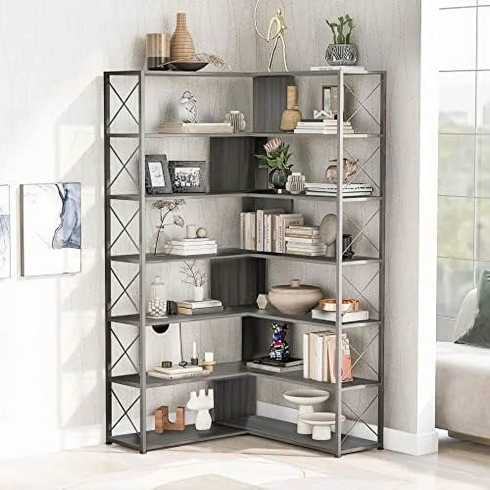 Bookcase 7- Tall Corner Bookshelf  Floor Standing L-Shaped Organizer Book  with Open   Metal Frame for Home Office