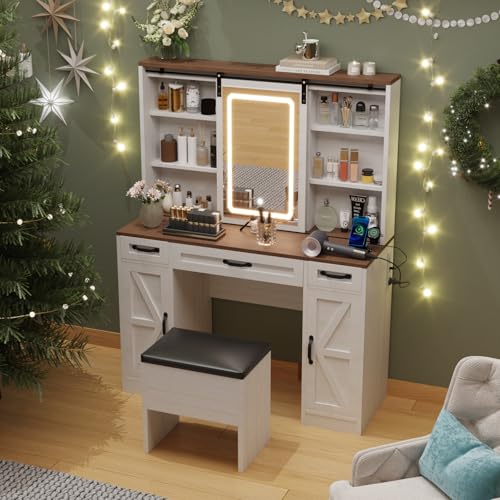 Farmhouse Vanity Desk with Sliding Lighted Mirror & Stool, Vanity Dresser Combo, Large Makeup Vanity with 8 Storage Shelves, 5 Drawers