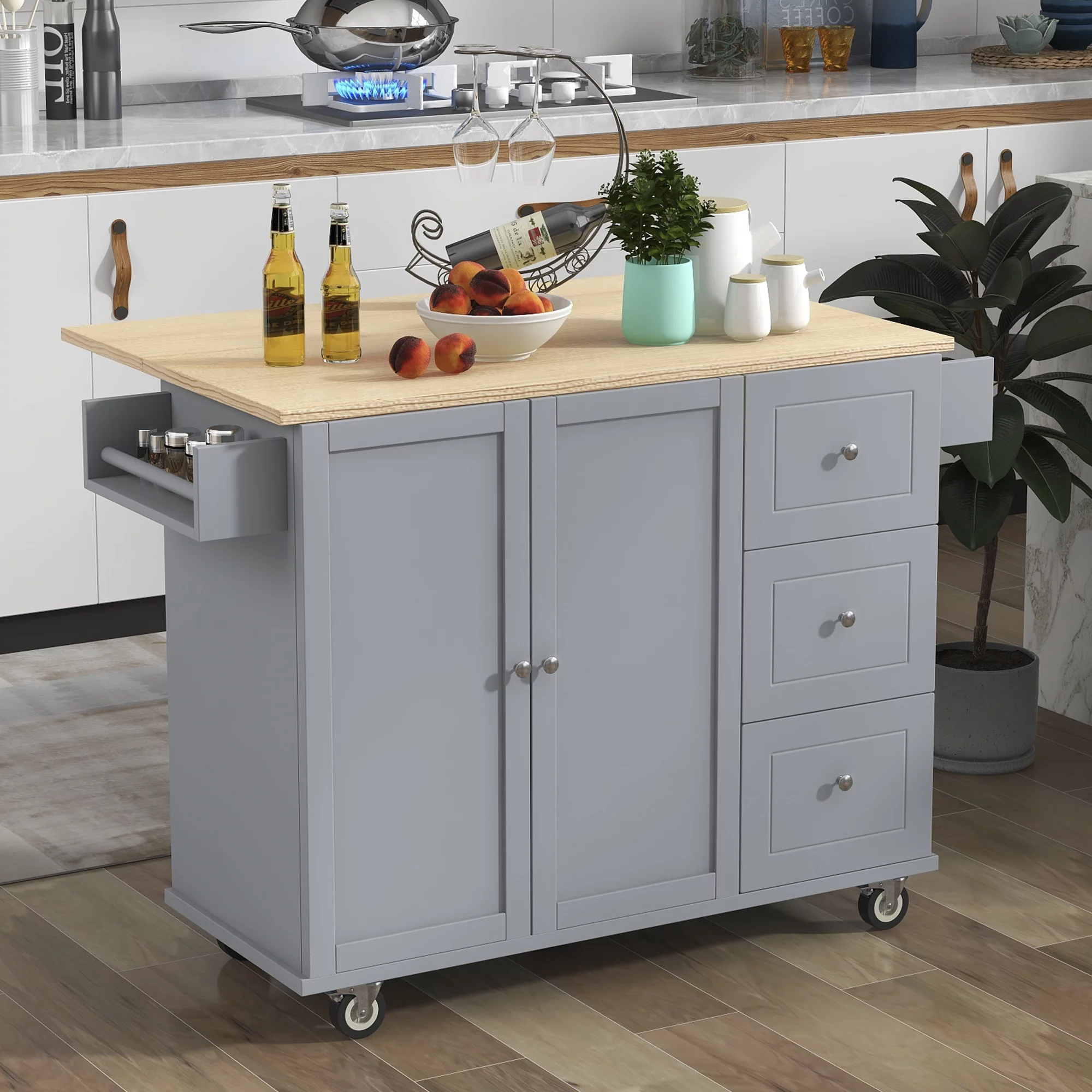 ikayaa Rolling Mobile Kitchen Island with Solid Wood and Locking Wheels，52.7 Inch Width，Storage Cabinet and Drop Breakfast Bar，Spice Rack