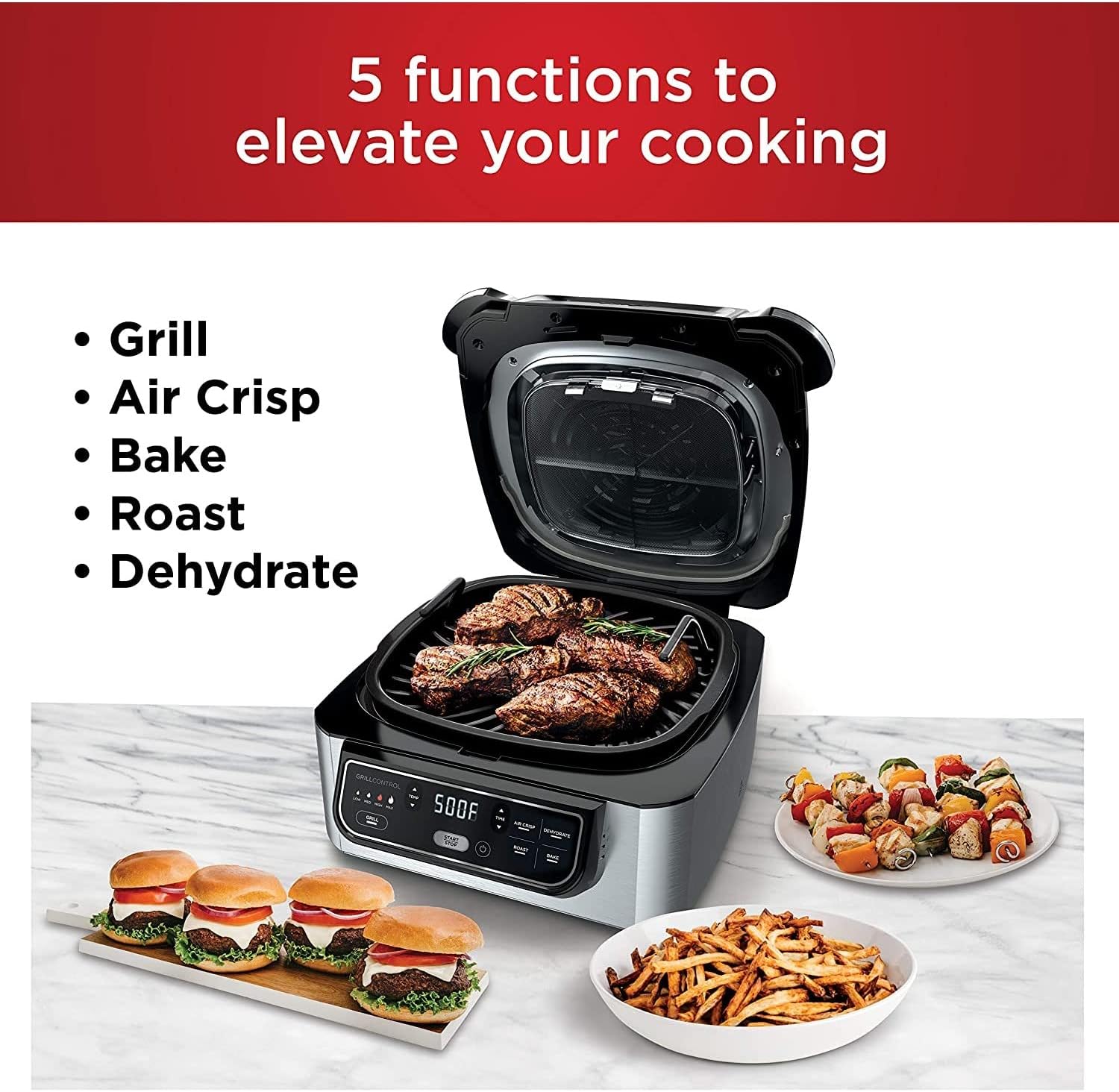 Ninja AG301 Foodi 5-in-1 Indoor Electric Grill with Air Fry, Roast, Bake & Dehydrate - Programmable, Black/Silver