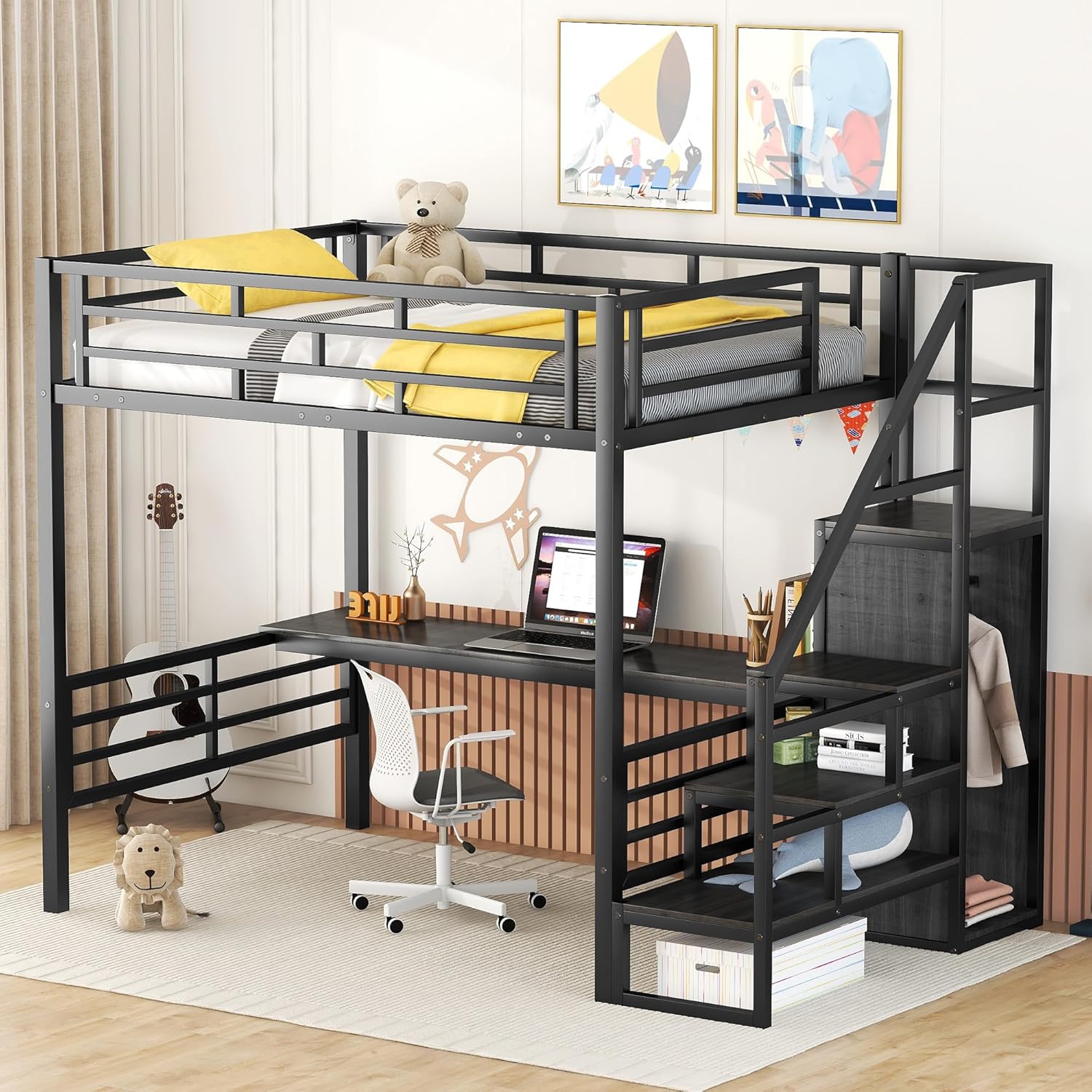 CITYLIGHT Full Loft Bed with Desk and Wardrobe,Metal Loft Bed Full Size with Storage Stairs and Guard Rail