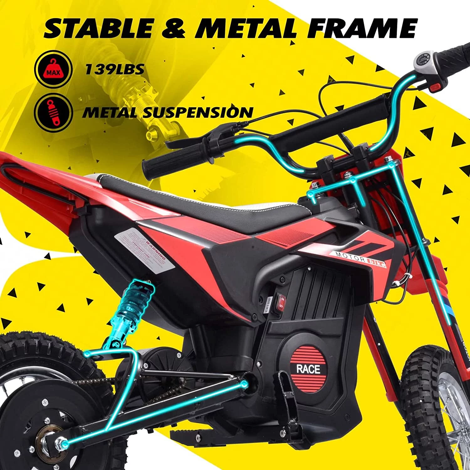 Blitzshark 24V Kids Electric Dirt Bike 250W off-Road Bike for Ages 13+, with Rubber Tire, Suspension & Leather Seat