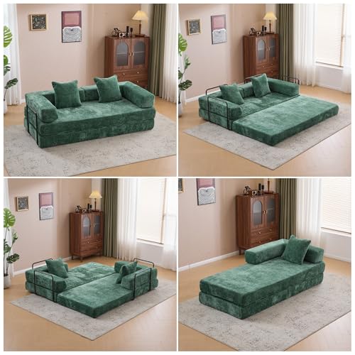 Convertible Floor Sofa Bed, Foldable Mattress Cloud Couch with Pillow Back & Armrest, Chenille Sleeper Sofa Bed with Fixed-Shape Frame