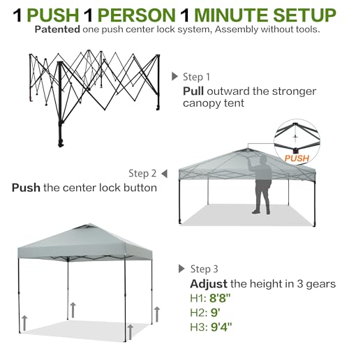 10'x10' Pop Up Canopy Tent with 1 Sidewall and 6 Pockets, One Push Setup, Instant Shade Tent with Vented Roof for Beach Patio Outdoor, Case, 8 Stakes