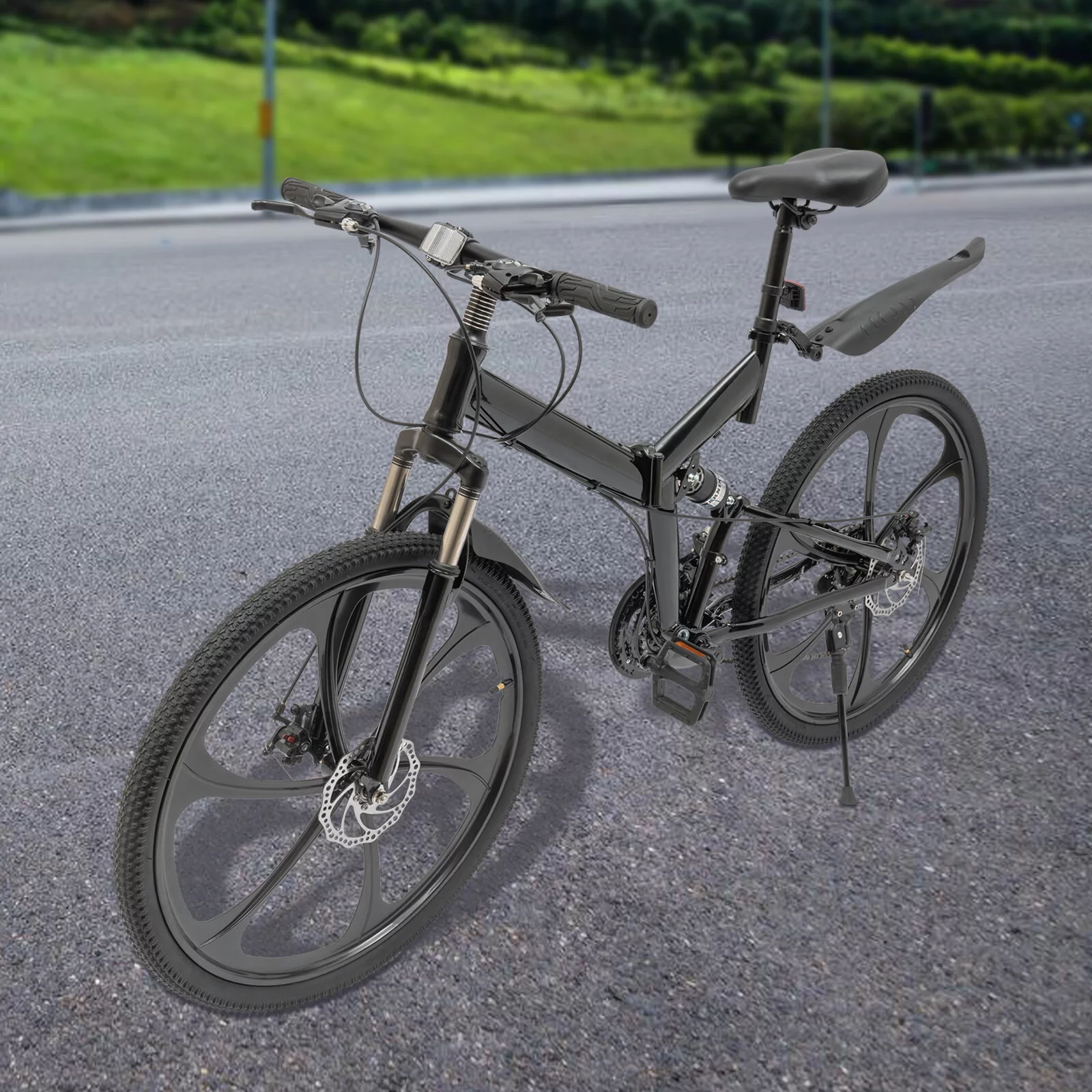 Loyalheartdy 26" Folding Mountain Bike 21 Speed Non-Slip Carbon Steel City Bike Disc Brake Road Rock Mountain Bike Black
