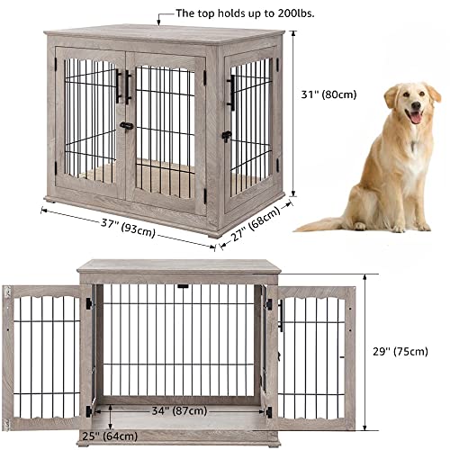 beeNbkks Furniture Style Dog Crate End Table, Double Doors Wooden Wire Dog Kennel with Pet Bed, Decorative Pet Crate Dog House Indoor Medium Large