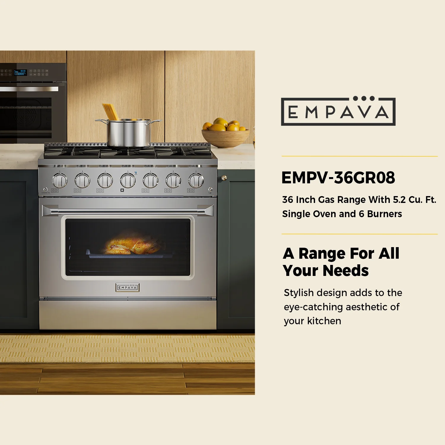 Empava 36 in. 5.2 cu. ft. Pro-Style Slide-In Single Oven Gas Range with 6 Sealed Ultra High-Low Burners