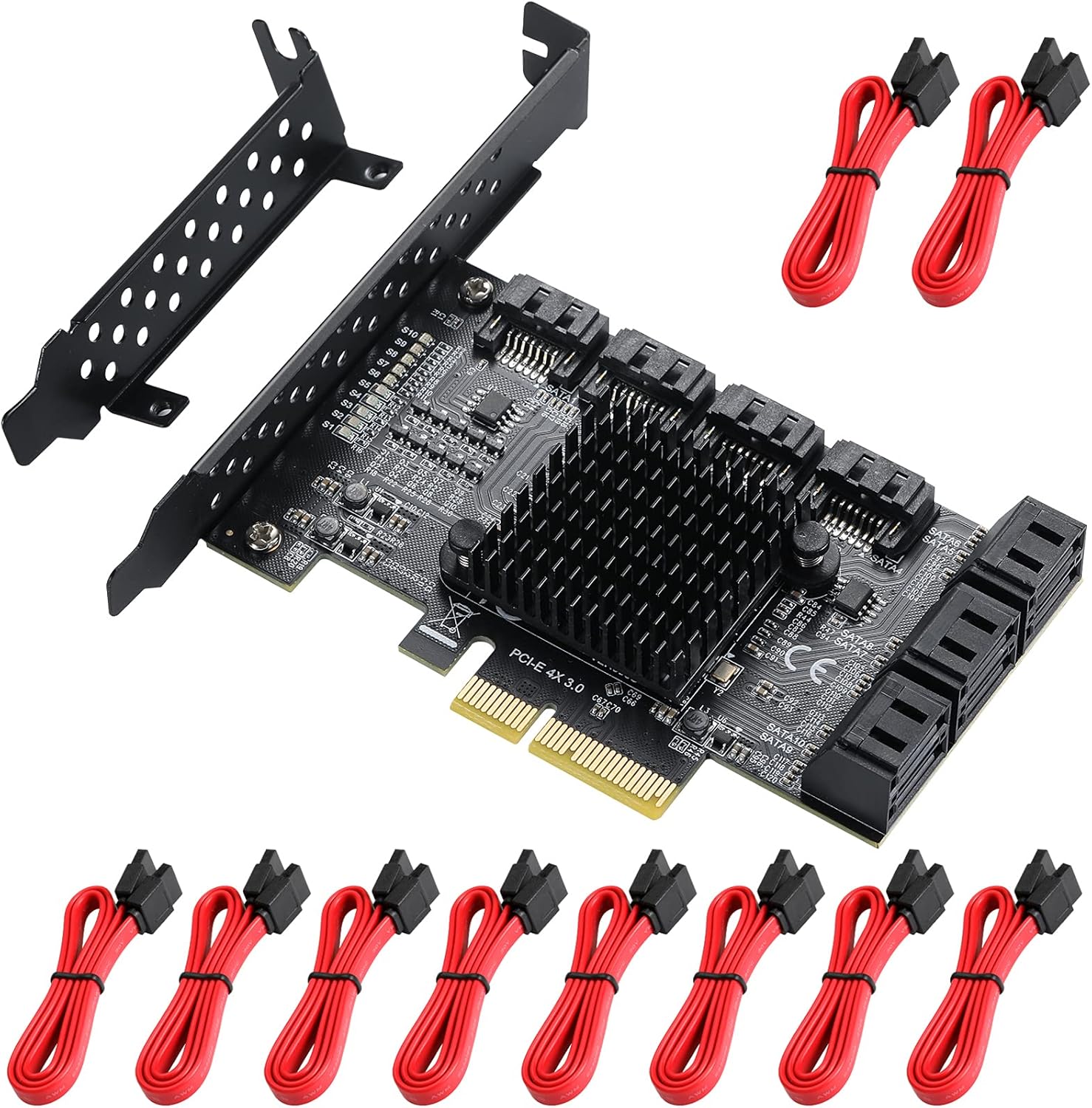 MZHOU PCI-E 1X Interface 3.0 10 Port SATA Card with 10 SATA Cables & SATA Power Splitter Cable and Low Profile Bracket - 6Gbps SATA 3.0 PCIe Card