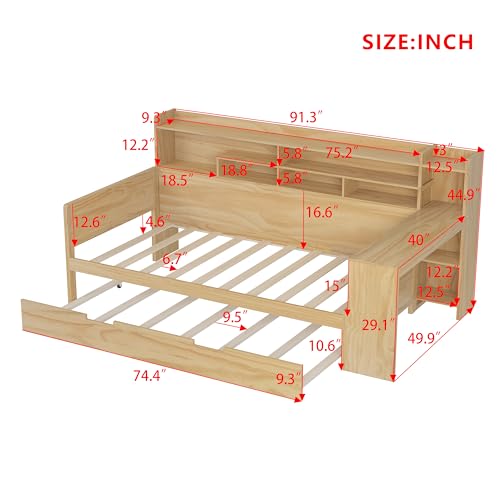 Bellemave Twin Corner Bed Frame with Storage Shelves and Desk, Wood Twin Size Daybed with Bookcase and Drawers and Storage, Gray