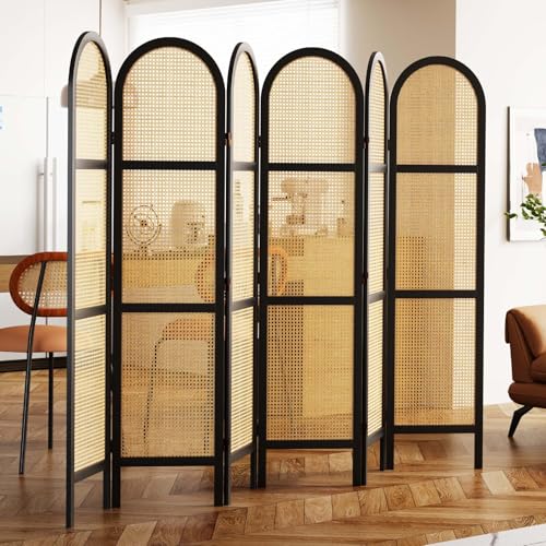 Room Divider and Folding Privacy Screens, Pine Wood 5.6 Ft Double Hinged Rattan Partition Freestanding Wall Room Divider for Home - 3 Panels