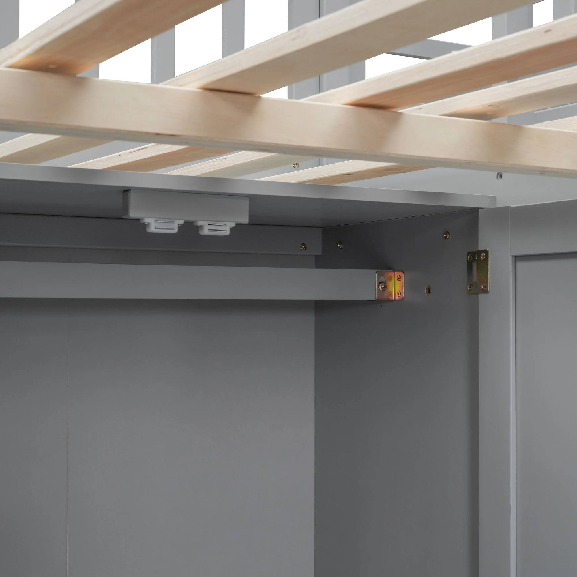 Full size Multifunctional High Loft Bed with Under-bed Desk, Shelves and Wardrobe, Sturdy Wooden Loftbed Frame with Bookshelf