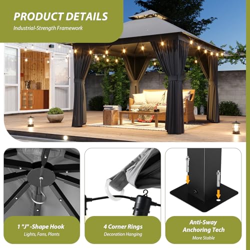Aoxun 10'x12' Outdoor Patio Gazebo, Heavy Duty Party Tent with Wind-Resistant Ropes