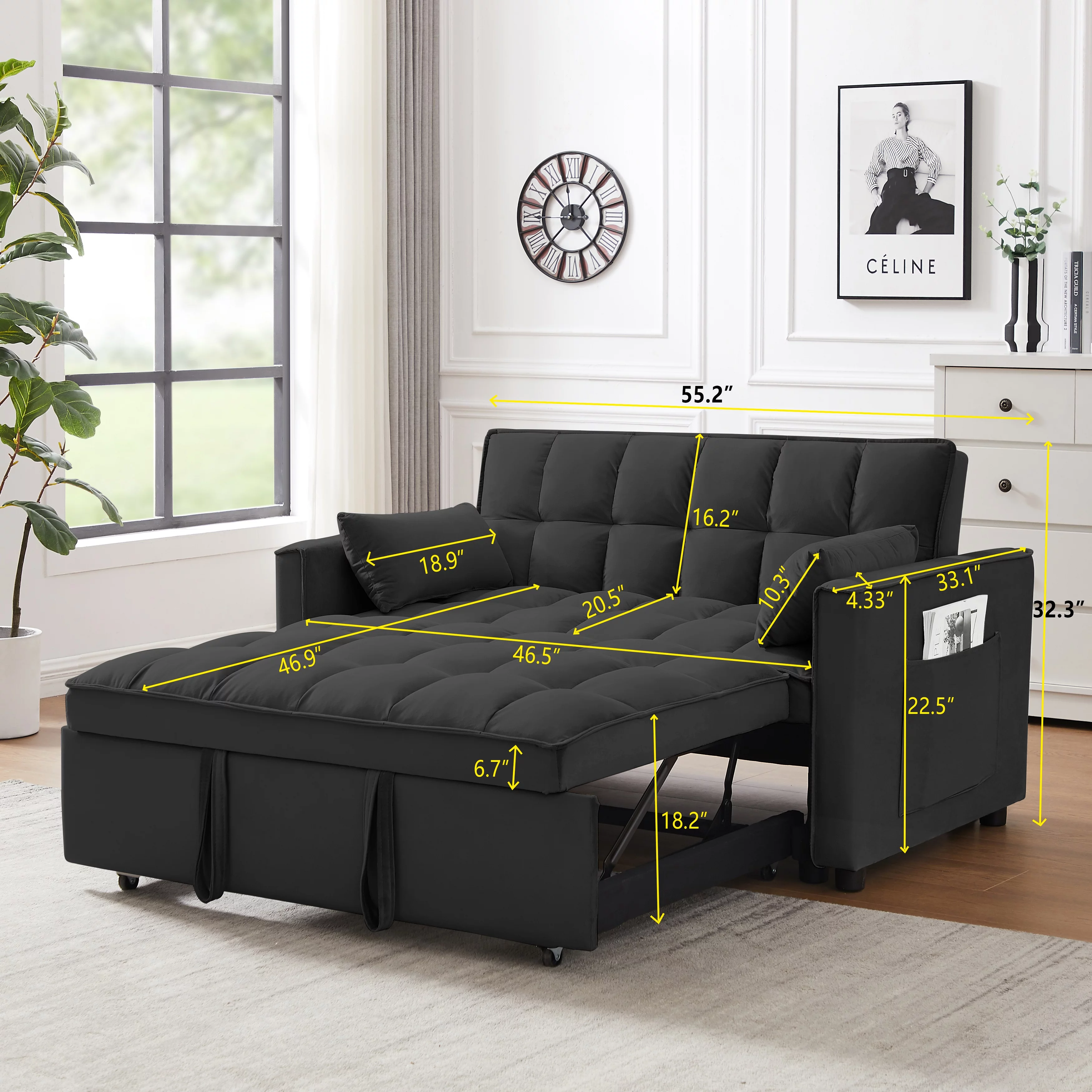 Hombay Modern Velvet Pull Out Convertible Sofa Bed, Upholstered Folding Sleeper Couch Loveseat with Reclining Backrest Pillows for Living Room Bedroom