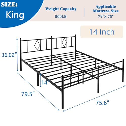Full Size Bed Frame, 14 Inch Metal Platform Bed with Iron-Art Headboard & Footboard, Classic Bed Frame with Heavy Duty Metal Slats Support