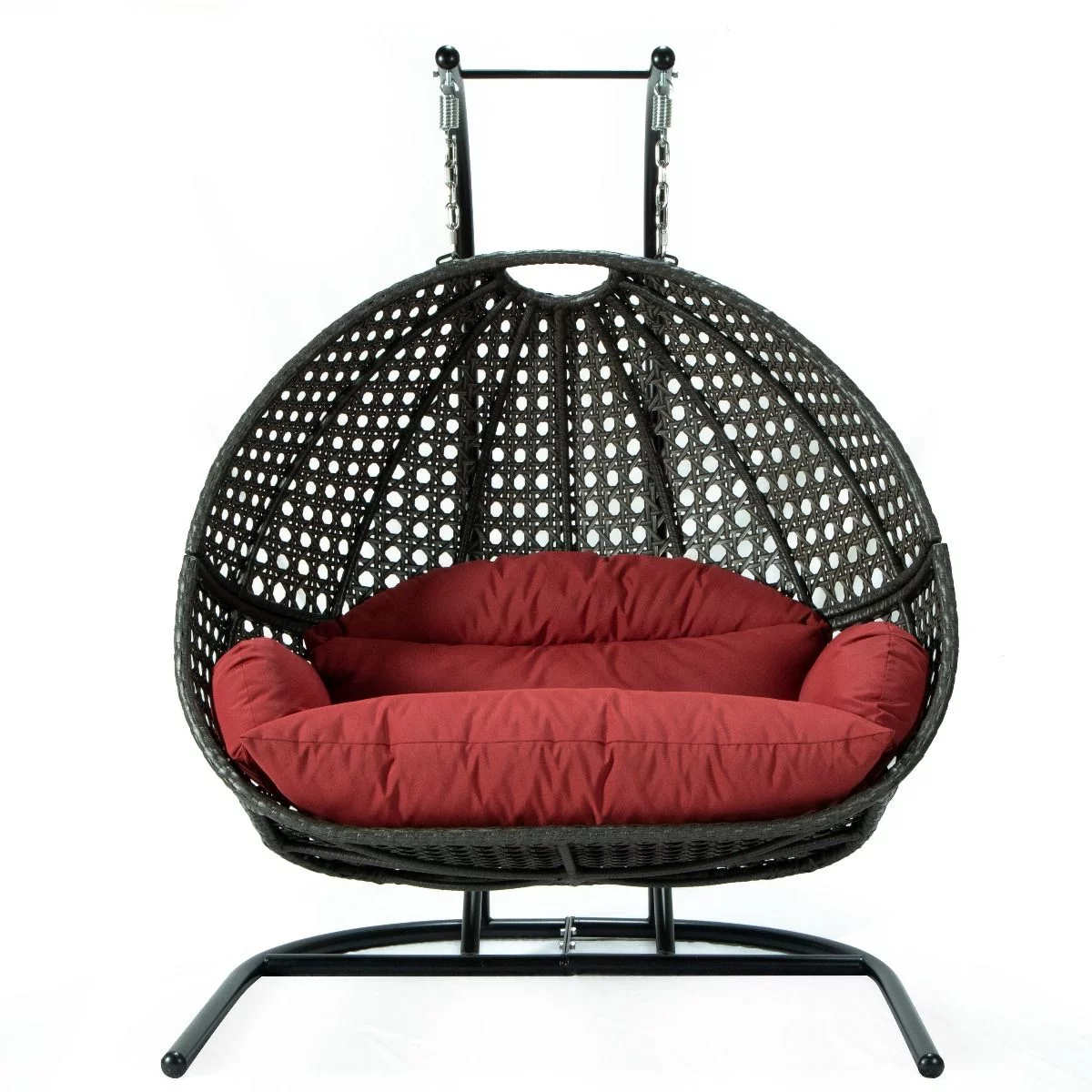 LeisureMod Modern Charcoal Wicker Double 2-Person Hanging Egg Swing Chair in Dark Red - Radiant Selections