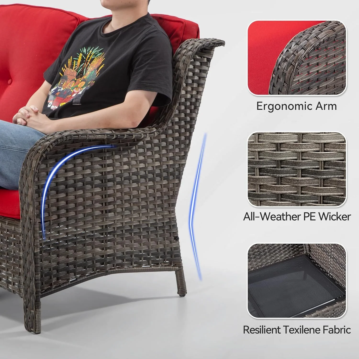 MeetLeisure 5 Pieces Outdoor Furniture Patio Furniture Set with One 3-Seat Sofa, Two Swivel Rocking Chairs,Two Rocking Chairs, Red