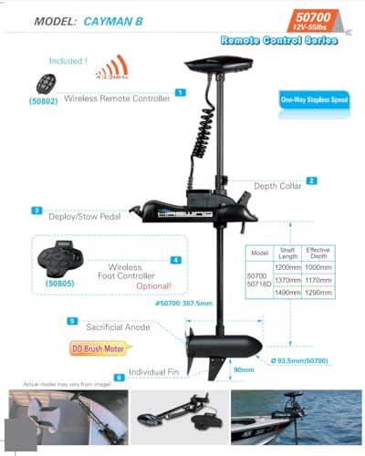 HASWING Electric Trolling Motor – Cayman 12V 55LB 48 Inch Shaft Bow Mount Boat Fishing Saltwater Freshwater with Remote Control 50700-120B