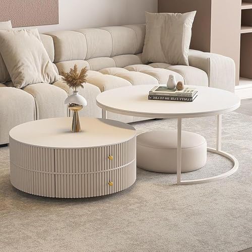 28IN Modern Coffee Tables - Wave Panel & Metal Frame | Nesting Round Coffee Table Set of 2, Dining Table for Home Living Room, Office (Glass)