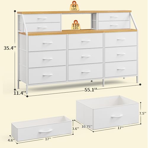 55" W Dresser for Bedroom, Dressers & Chests of Drawers with 13 Fabric Drawers and 2 Open Shelves, Long Vanity Dressers for Bedroom & Closet
