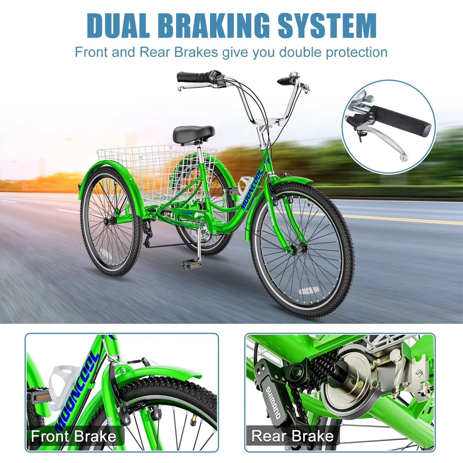 MOPHOTO 7 Speed Adult Tricycle 26 in/24in/20in, Trikes for Adults, Adult Tricycle with Basket & Dual Braking System, Adult Trikes for Women, Men