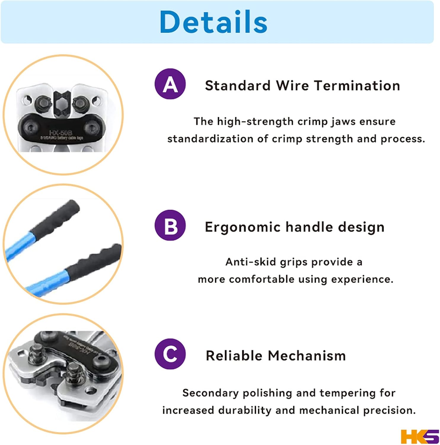 HKS Battery Cable Lug Crimping Tool 10-1 AWG with 60Pcs Copper Ring Terminals 8 Sizes Cable Lugs Set
