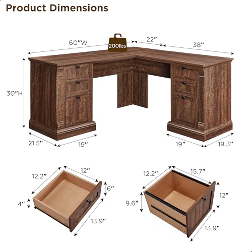 OKD 60" Executive Desk with Drawers, Farmhouse Home Office Desk with Charging Station, Keyboard Tray, File Cabinet Storage