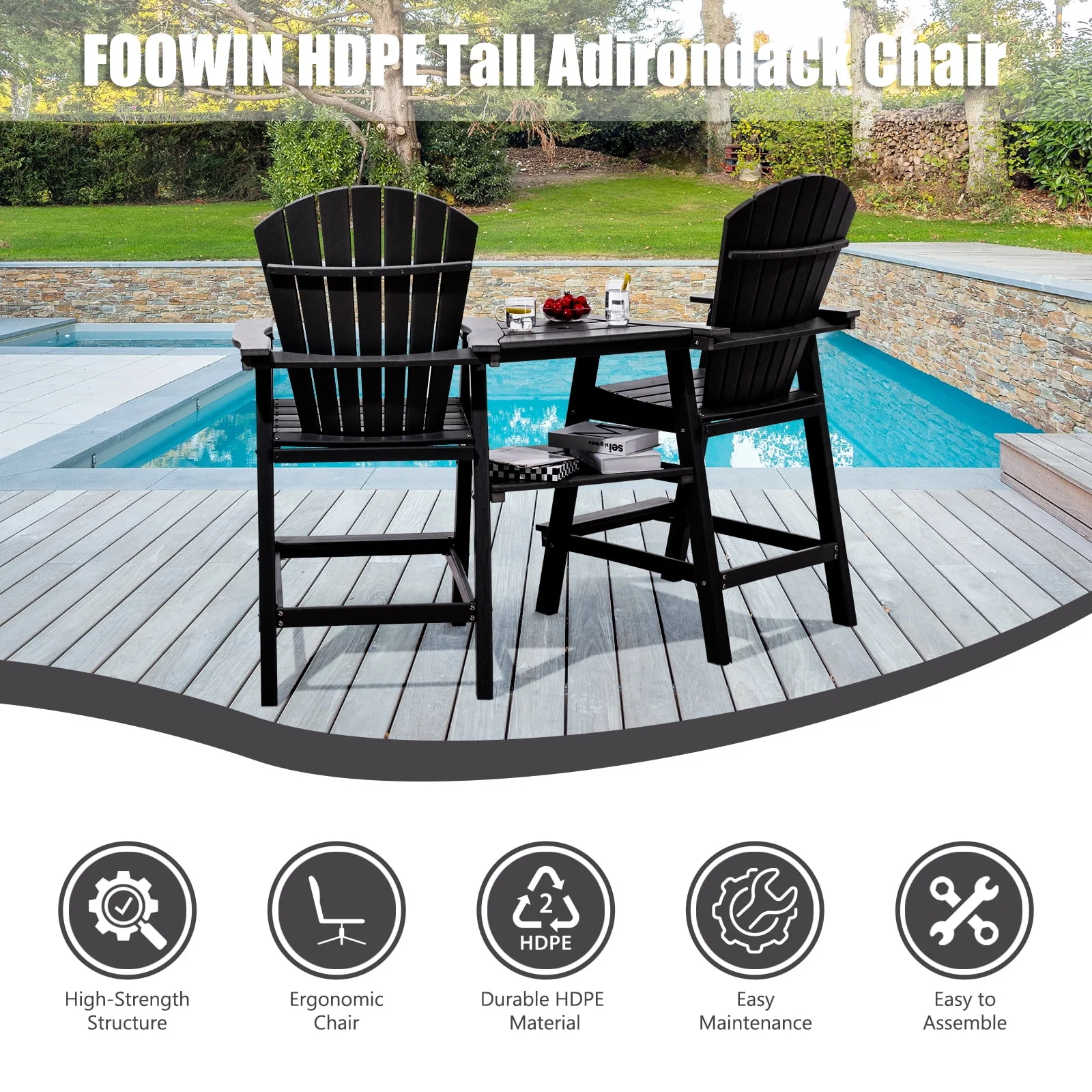 Tall Adirondack Chairs Set of 2 .Outdoor Adirondack Barstools with Double Connecting Tray Patio Stools Weather Resistant for Outdoor Deck Lawn Pool