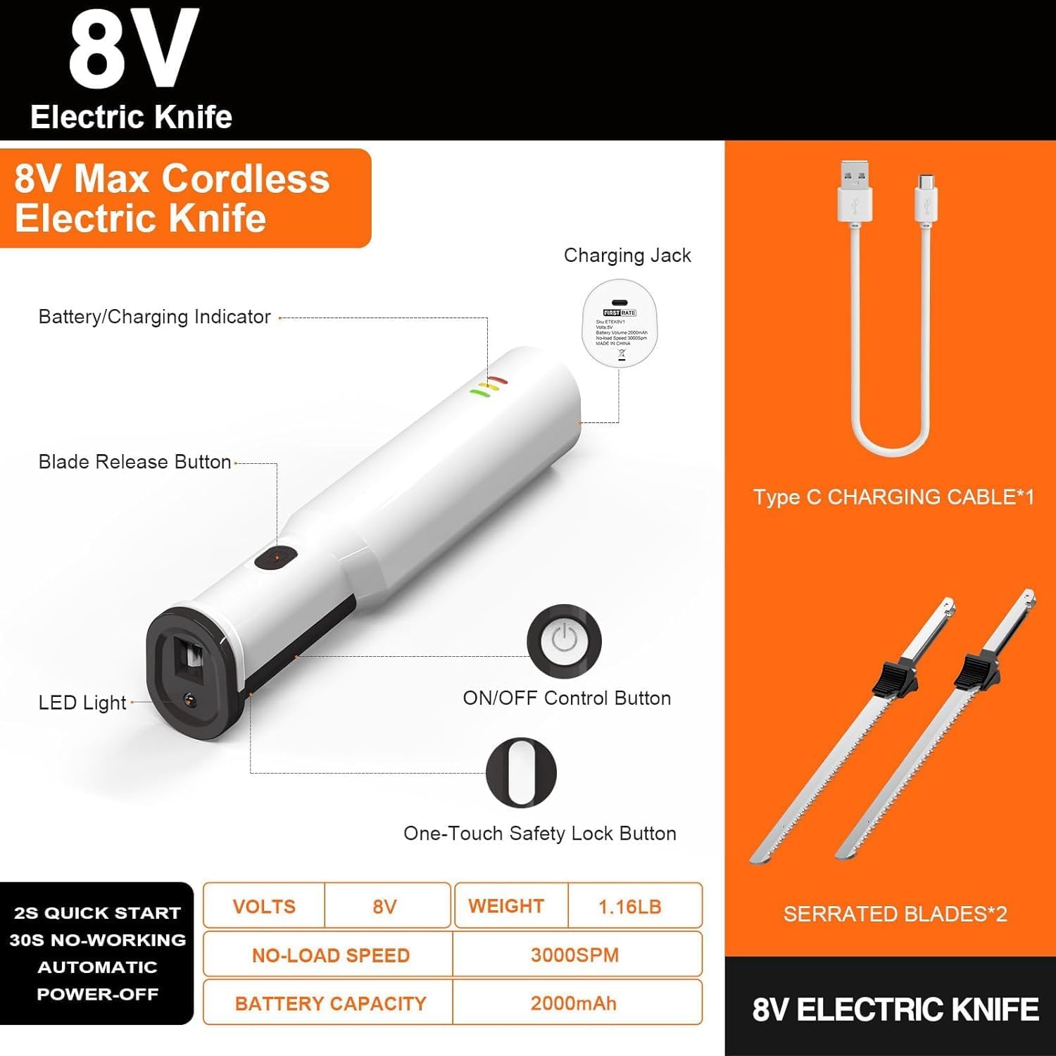 Cordless Electric Meat Carving Knife with 2 Serrated 8” Stainless Steel Blades - Effortlessly Slice and Carve Meats, Poultry
